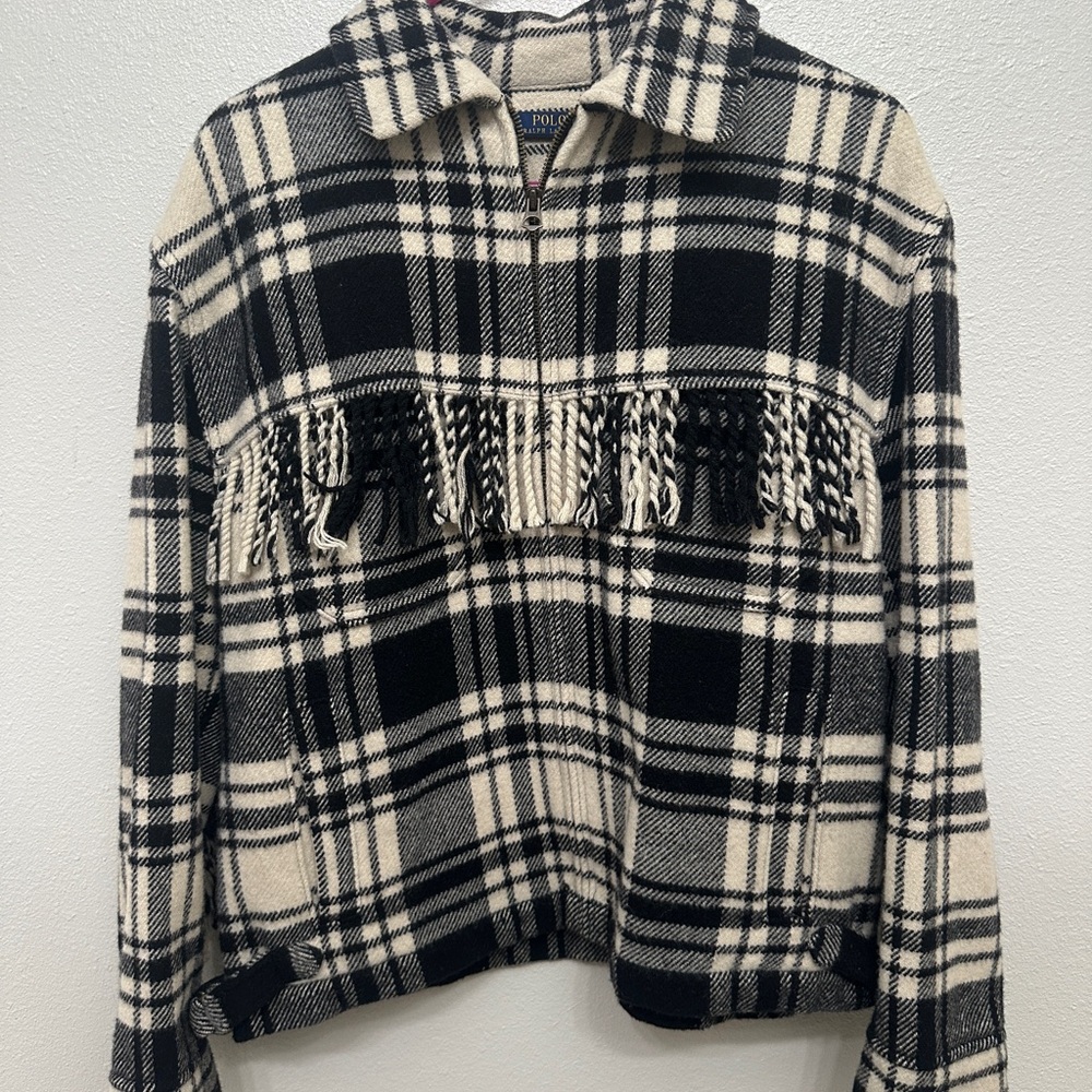 Ralph Lauren Black and Cream Fringe Checkered Jacket